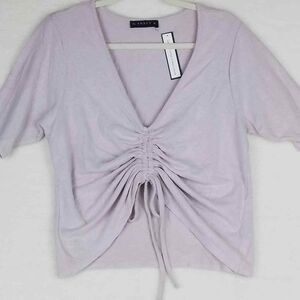 Soncy Womens Knit Tee Top 14/16 Pink Gray Short Sleeve Ruched‎ Front V Neck Crop
